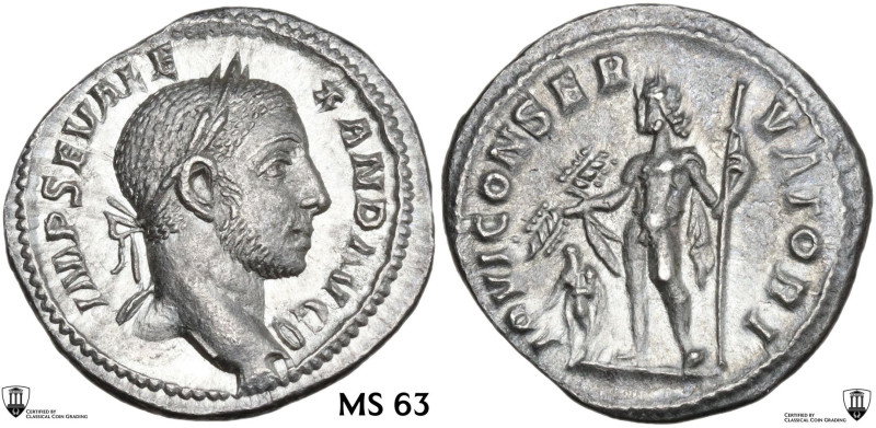 Severus Alexander (222-235). AR Denarius. Obv. IMP SEV ALEXAND AVG. Laureate hea...