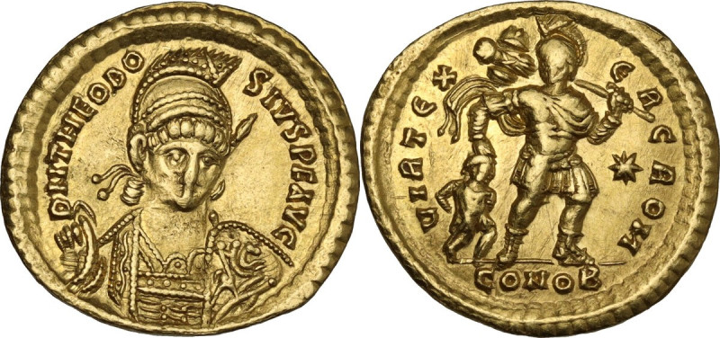 Theodosius II (402-450). AV Solidus. Constantinople mint, 441 AD. Obv. DN THEODO...