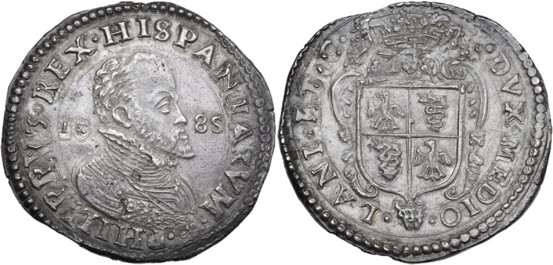 Milano. Filippo II di Spagna (1556-1598). Ducatone 1585. D/ Busto corazzato con ...