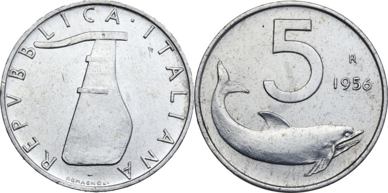 5 lire 1956. Mont. 10. It. 20.20 mm. RR. Segnetti da contatto. SPL.