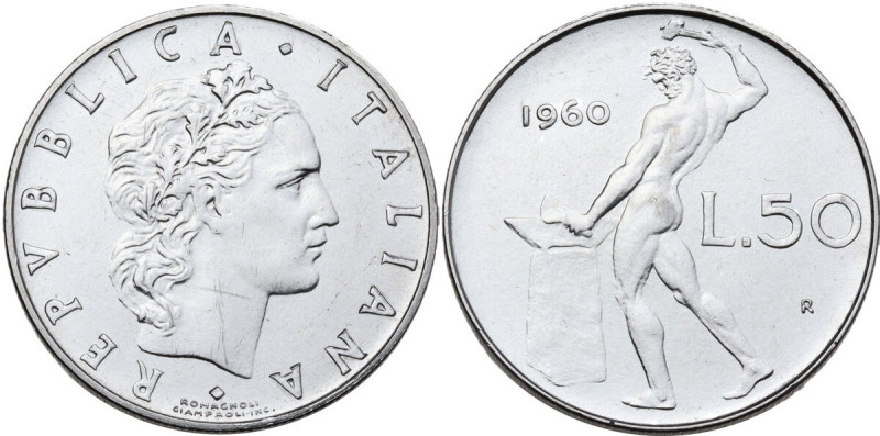 50 lire 1960. Mont. 20. Ac. 24.80 mm. NC. Segni al diritto, altrimenti. qFDC.