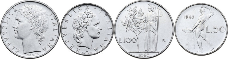 100 e 50 lire 1963. Mont. 16 e 28. Ac. qFDC/FDC.