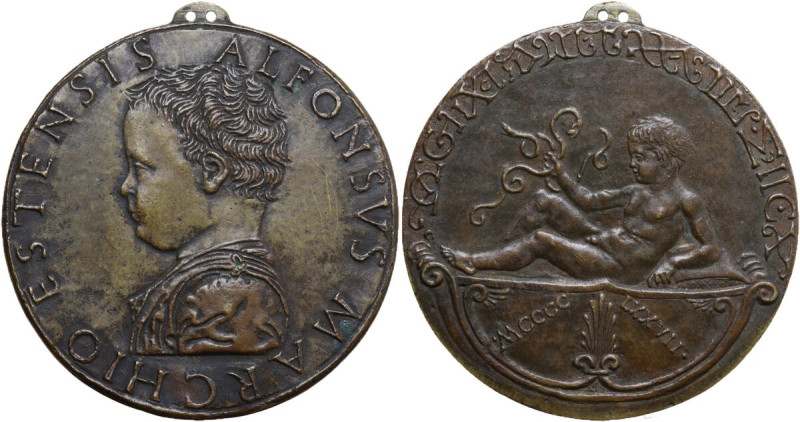 Alfonso I d'Este (1505-1534). Medaglia con appiccagnolo 1477. D/ ALFONSVS MARCHI...