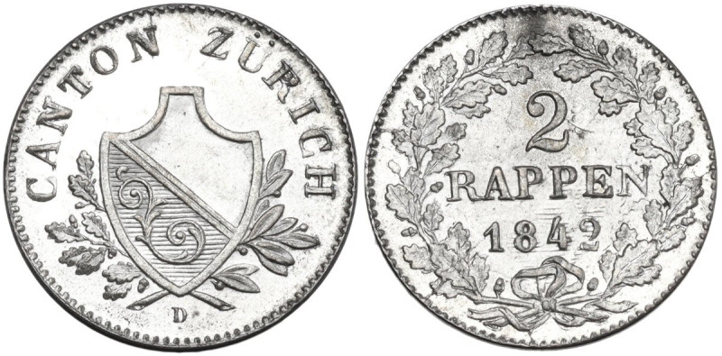 Switzerland. 2 rappen 1842, Zürich mint. KM 195; HMZ 2-1177. BI. 1.37 g. 17.00 m...