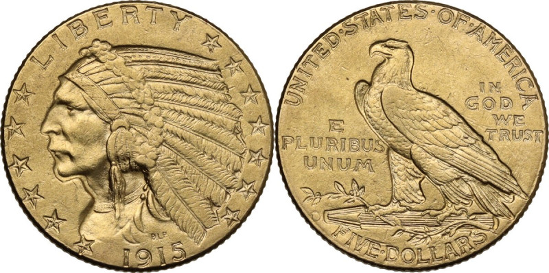 USA. 5 dollars 1915 'Indian Head', Philadelphia mint. KM 129; Fried. 148. AV. 8....