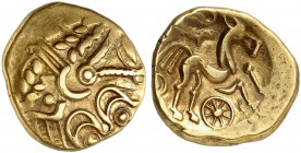 CELTIC COINAGE. GALLIA. Suessiones. Gold stater early 1st century BC, à l'oeil type. Devolved laureate head of Apollo to right; above, [two stars]. Rv...