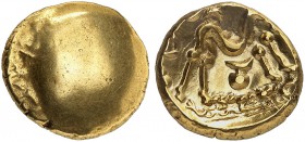 CELTIC COINAGE. BELGICA. Gold stater 60/50 BC. Blank bulge. Rv. Stylized horse between pellets and crescents. 6.10 g. Delestrée/Tache. Scheers 154. De...