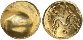 CELTIC COINAGE. BELGICA. Gold stater 60/50 BC. Blank bulge. Rv. Stylized horse between pellets and crescents. 6.29 g. Delestrée/Tache. Scheers 154. De...