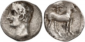 COINS OF THE GREEK WORLD. IBERIA. Carthago Nova. Shekel 221/206 BC. Bare headed male head left (Hannibal?). Rv. Horse standing right before palm tree....