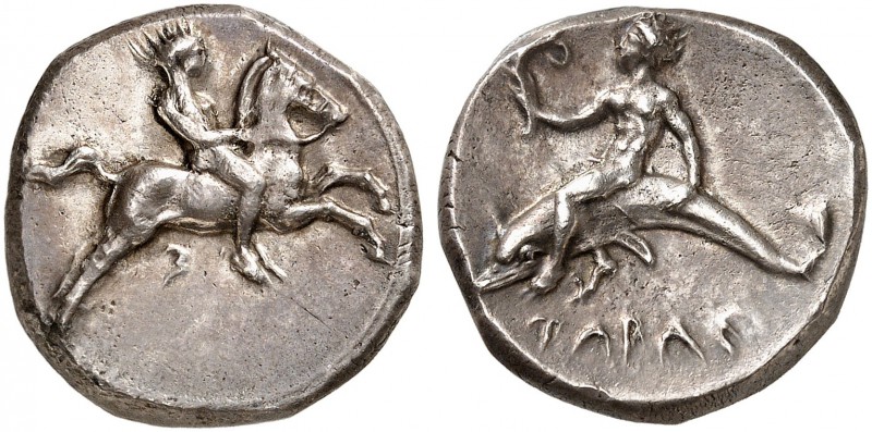 COINS OF THE GREEK WORLD. CALABRIA. Tarentum. Stater c. 344-340 BC. Nude youth r...