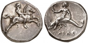 COINS OF THE GREEK WORLD. CALABRIA. Tarentum. Stater c. 344-340 BC. Nude youth riding on horse galloping to right; below, Σ (retrograde). Rv.ΤΑΡΑΣ You...