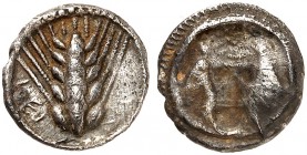 COINS OF THE GREEK WORLD. LUCANIA. Metapontion. Triobol c. 470-440 BC. ΜΕΤ Ear of barley. Rv. Bull's head incuse with rayed border. 1.38 g. HN III 148...