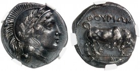 COINS OF THE GREEK WORLD. LUCANIA. Thurium. Nomos c. 443-400 BC. Head of Athena right, wearing Attic helmet decorated with laurel wreath. Rv. ΘΟΥΡΙΩΜ,...