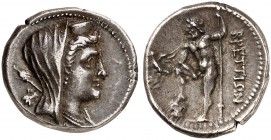 COINS OF THE GREEK WORLD. BRUTTIUM. The Brettii. Drachm c. 216-214 BC. Attic standard, second Punic War issue. Veiled head of Hera Lakinia to right, w...