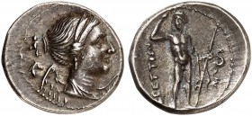 COINS OF THE GREEK WORLD. BRUTTIUM. The Brettii. Drachm c. 216-214 BC. Attic standard, second Punic War issue. Diademed and draped bust of Nike to rig...