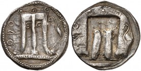 COINS OF THE GREEK WORLD. BRUTTIUM. Kroton. Stater c. 500-480 BC. [Koppa]ΡΟ Tripod with legs ending in lion's feet; to right, heron. Rv. [Koppa]ΡΟ Sam...