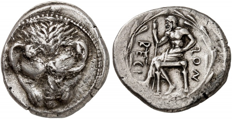 COINS OF THE GREEK WORLD. BRUTTIUM. Rhegion. Tetradrachm c. 445-435 BC. Lion's m...
