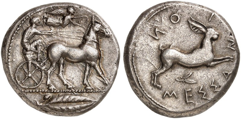COINS OF THE GREEK WORLD. SICILY. Messana. Tetradrachm c. 438-434 BC. Charioteer...