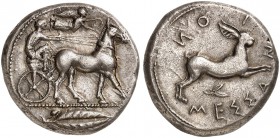 COINS OF THE GREEK WORLD. SICILY. Messana. Tetradrachm c. 438-434 BC. Charioteer driving a biga of mules walking to right; above, Nike flying right to...