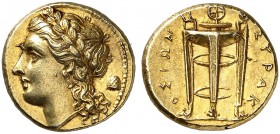 COINS OF THE GREEK WORLD. SICILY. Syracuse. Agathokles, 317-289. Electrum-50 litrae c. 317-310 BC. Laureate head of Apollo to left; behind, omphalos. ...