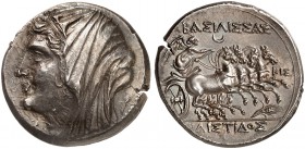 COINS OF THE GREEK WORLD. SICILY. Syracuse. Philistis, wife of Hieron II. 275-215. 16 Litrai - Tetradrachm c. 240-218/5 BC. Diademed and veiled head o...
