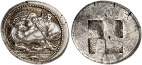 COINS OF THE GREEK WORLD. MACEDONIA. Akanthos. Tetradrachm c. 500-480 BC. Lion to left, attacking bull kneeling to right, head lifted and turned back ...