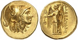 COINS OF THE GREEK WORLD. MACEDONIAN EMPIRE. Alexander III, 336-323. Gold stater 330/320 BC, Amphipolis. Head of Athena to right, wearing crested Cori...