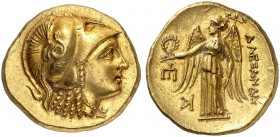 COINS OF THE GREEK WORLD. MACEDONIAN EMPIRE. Alexander III, 336-323. Gold stater 330/320 BC, Amphipolis. Head of Athena to right, wearing crested Cori...