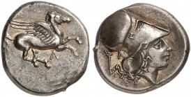 COINS OF THE GREEK WORLD. AKARNANIA. Leukas. Stater c. 350-320 BC. Pegasus flying right with straight wings; below, Λ. Rv. Head of Athena to right, we...