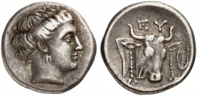 COINS OF THE GREEK WORLD. EUBOIA. Euboian League. Drachm c. 304-290 BC. Head of the nymph Euboia to right, wearing triple pendant earring. Rv. EY Head...