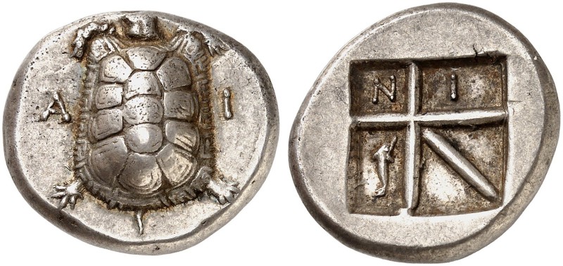 COINS OF THE GREEK WORLD. AEGINA. Stater c. 350-338 BC. Α-Ι Tortoise seen from a...