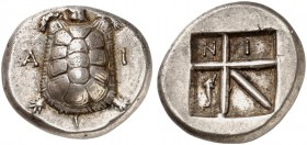 COINS OF THE GREEK WORLD. AEGINA. Stater c. 350-338 BC. Α-Ι Tortoise seen from above. Rv. Incuse square divided by skew-pattern into five compartments...