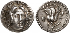 COINS OF THE GREEK WORLD. RHODES. Didrachm c. 275-250 BC, Herasikles, magistrate. Radiate head of Helios facing slightly to the right. Rv. ΕΡΑΣΙΚΛΗΣ /...