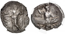 COINS OF THE GREEK WORLD. CILICIA. Issos. Tiribazos. Satrap of Lydia, 388-380 BC. Stater. Ba'al standing left, holding eagle and scepter. Rv. Ahura-Ma...