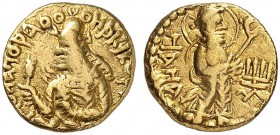 COINS OF THE GREEK WORLD. KUSHAN KINGS. Huvishka, c. 152-192. 1/4 Dinar subsidiary mint in Gandhara (Peshawar?). Diademed and crowned half-length bust...