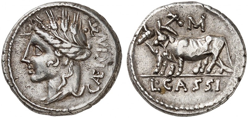 ROMAN REPUBLIC. L. Cassius Caecianus, 102. Denarius 102 BC, Rome. CÆICIAN Head o...