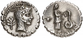 ROMAN REPUBLIC. L. Roscius Fabatus, 59 BC. Denarius 59 BC, Rome. L•ROSCI Head of Juno Sospita to right, wearing goat-skin headdress; behind, laurel br...