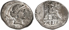 ROMAN REPUBLIC. M. Porcius Cato, 47-46 BC. Denarius 47/46 BC, Rome. M CATO PRO PR Draped bust of Roma to right, hair tied with fillet. ROMA (MA ligate...