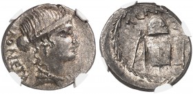 ROMAN REPUBLIC. T. Carisius, 46 BC. Denarius 46 BC, Rome. MONETA Draped bust of Juno Moneta to right, wearing pendant earring and necklace. Rv. T CARI...