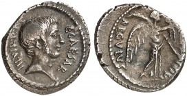 ROMAN REPUBLIC. Octavian, 44-27. Denarius 42 BC, L. Livineius Regulus, Rome. C•CAESAR III•VIR•R•P•C Bare head of Octavian to right. Rv. [L•LIVIN]EIVS ...
