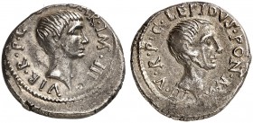 ROMAN REPUBLIC. Lepidus and Octavian, 43 BC. Denarius late 43 BC, military mint traveling with Lepidus in Italy. LEPIDVS•PONT•MAX•III•V•R•P•C• Bare he...