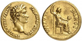 ROMAN EMPIRE. Augustus, 27 BC-14. Aureus 13/14, Lugdunum. CAESAR AVGVSTVS DIVI F PATER PATRIAE Laureate head of Augustus to right. Rv. PONTIF MAXIM Li...