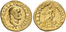 ROMAN EMPIRE. Galba, 68-69. Aureus Rome. IMP SER GALBA CAESAR AVG P M Laureate head of Galba to right. Rv. SALVS GEN HVMANI Fortuna standing left, her...