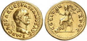 ROMAN EMPIRE. Vespasianus, 69-79. Aureus 70, Rome. IMP CAESAR VESPASIANVS AVG Laureate head of Vespasian to right. Rv. COS IT-ER TR POT Pax seated lef...