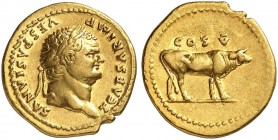 ROMAN EMPIRE. Titus, as Caesar, 69-79. Aureus 76, Rome. T CAESAR IMP VESPASIANVS Laureate head of Titus to right. Rv. COS V Cow walking right. 7.11 g....