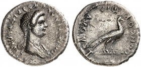 ROMAN EMPIRE. Domitia, Augusta, 82-96. Denarius 82-83, Rome. DOMITIA AVGVSTA IMP DOMIT Draped bust of Domitia to right. Rv. CONCORDIA AVGVST, Peacock ...