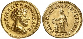 ROMAN EMPIRE. Marcus Aurelius, 161-180. Aureus 162/163, Rome. IMP M ANTONINVS AVG Bare-headed, draped and cuirassed bust to right. Rv. SALVTI AVGVSTOR...