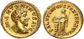 ROMAN EMPIRE. Marcus Aurelius, 161-180. Aureus 162/163, Rome. •M•ANTONINVS AVG Bare-headed, draped and cuirassed bust of Marcus Aurelius to right, see...