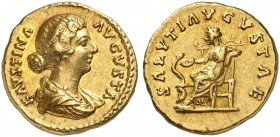 ROMAN EMPIRE. Faustina II, wife of Marcus Aurelius, 147-175. Aureus 161/176, Rome. FAVSTINA - AVGVSTA Draped bust to right. Rv. SALVTI AVGVSTAE Salus ...