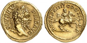 ROMAN EMPIRE. Septimius Severus, 193-211. Aureus 206, Rome. SEVERVS PIVS AVG Laureate head of Septimius Severus to right. Rv. P M TR P XIIII COS III P...